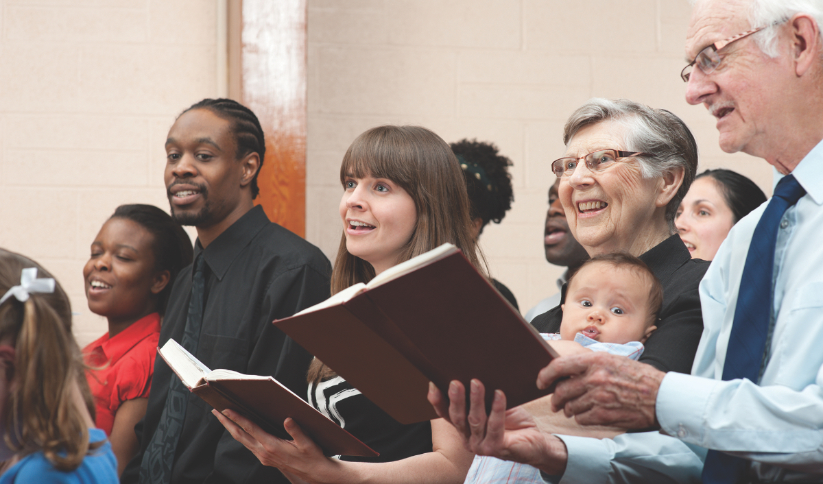A diverse group of a church congregation singing